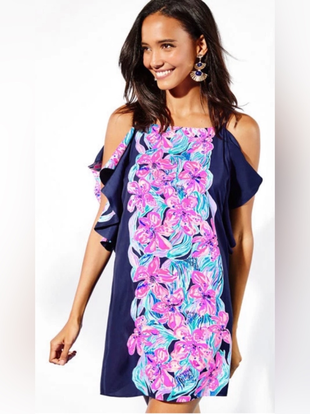 Lilly Pulitzer Kara Bright Navy Hypes & Stripes Cascade Ruffles Side Dress XS